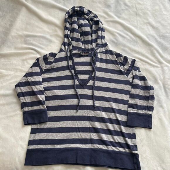 Vintage Y2K New York & Company Sport navy and grey striped hoodie tshirt medium - Picture 1 of 6